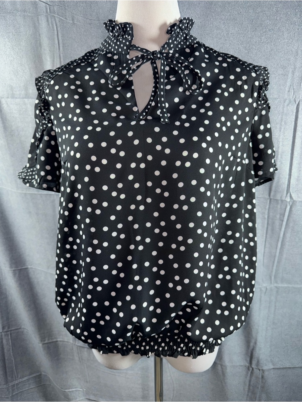 2568-Cato Black and White Polka Dot Tie-Neck Blouse